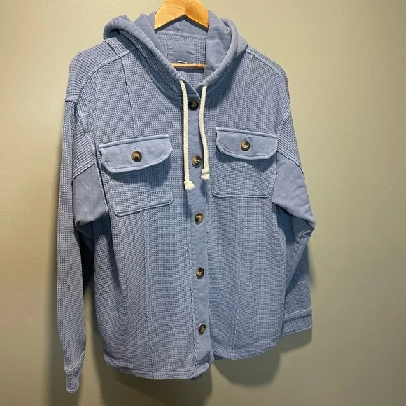American Eagle Outfitters Waffle Thermal Blue Button Down Jacket - Picture 2 of 6